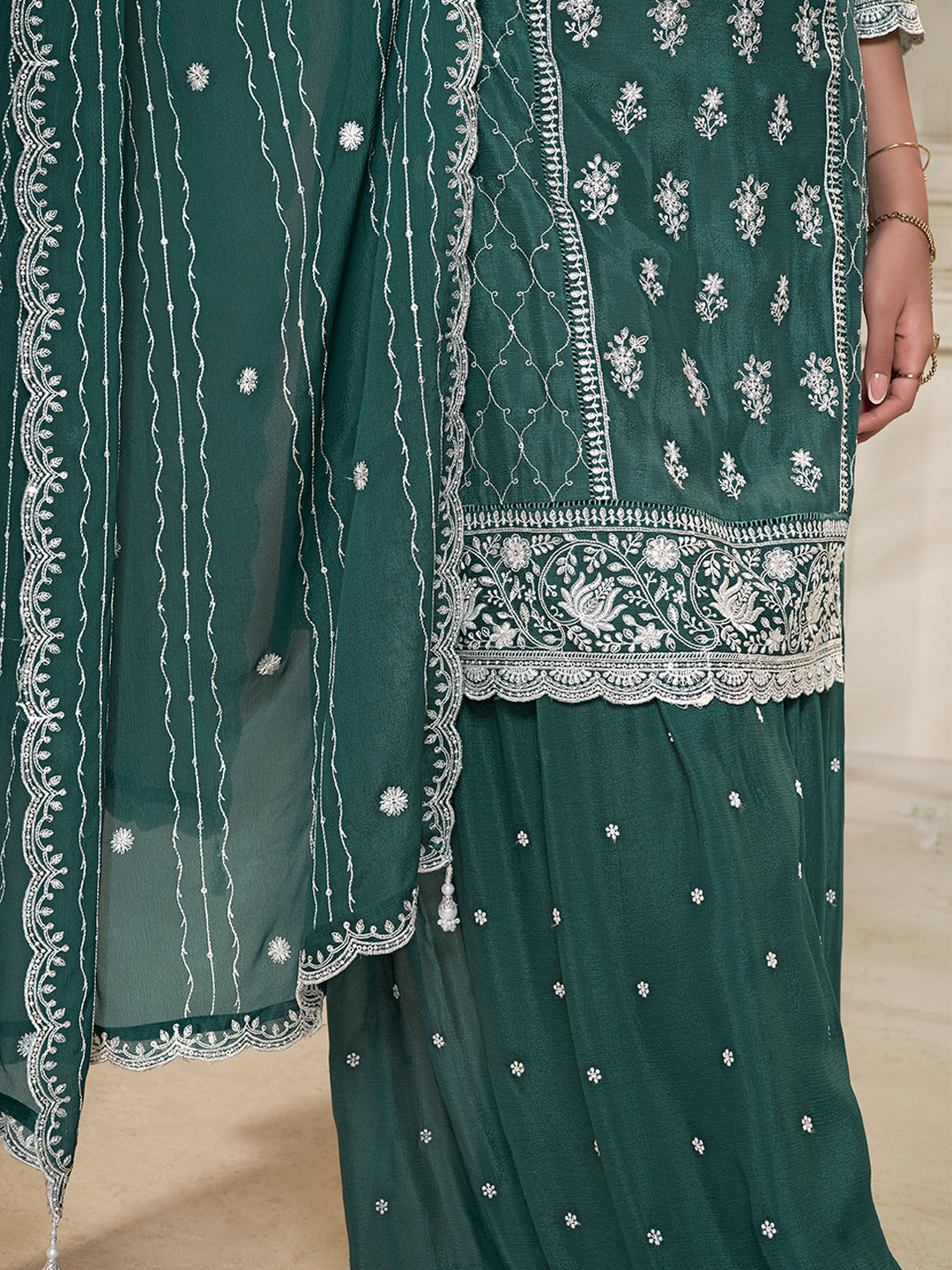 Indian wedding sharara suit in emerald green Chinon