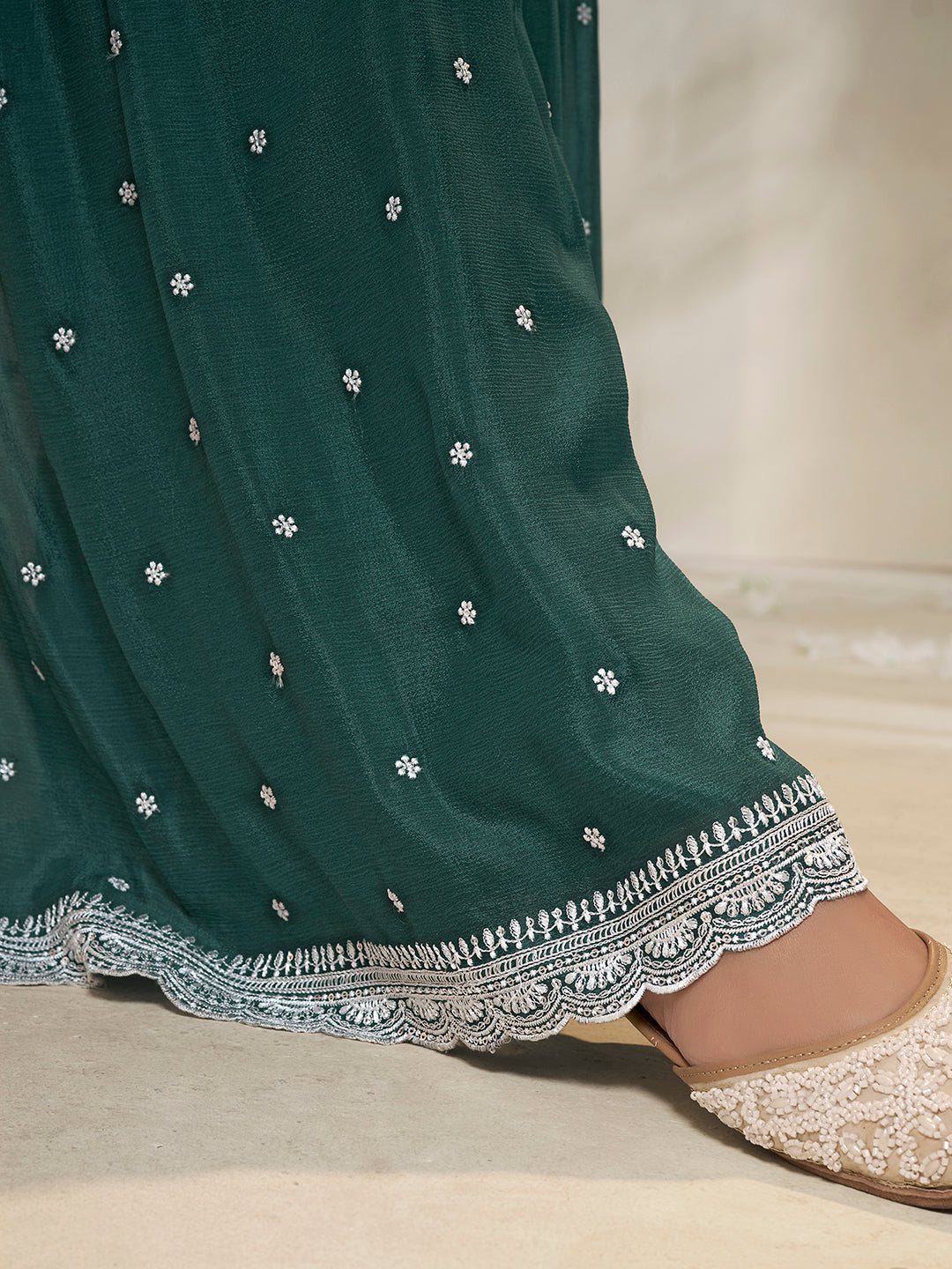 Emerald Green Embroidered Chinon Sharara Suit