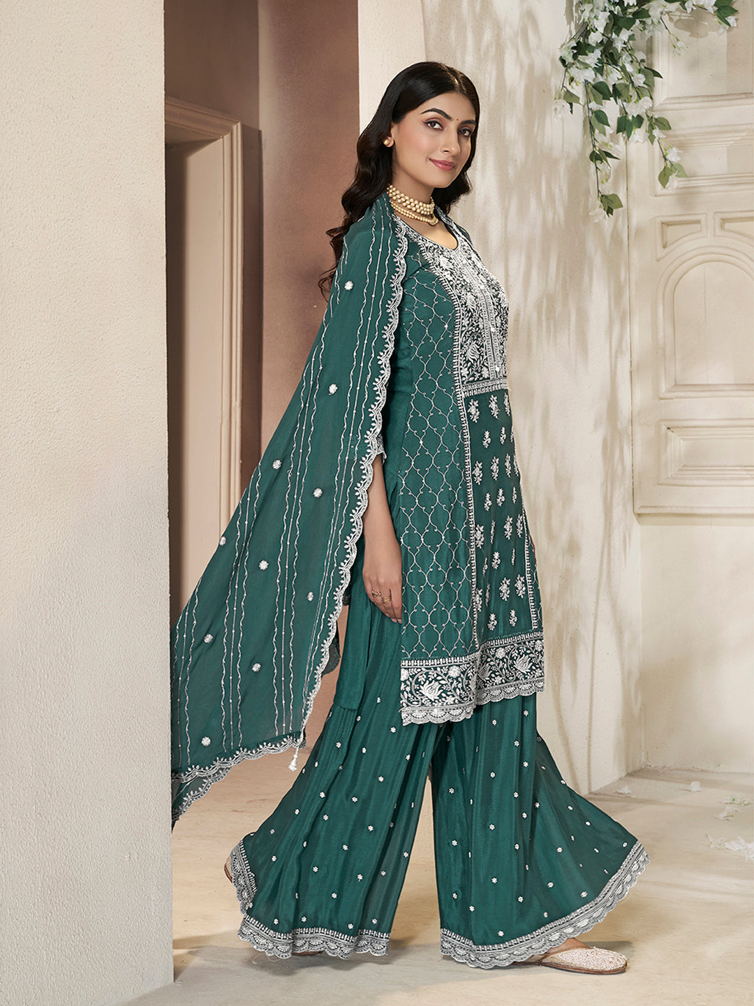 Emerald green Chinon sharara suit with white embroidery