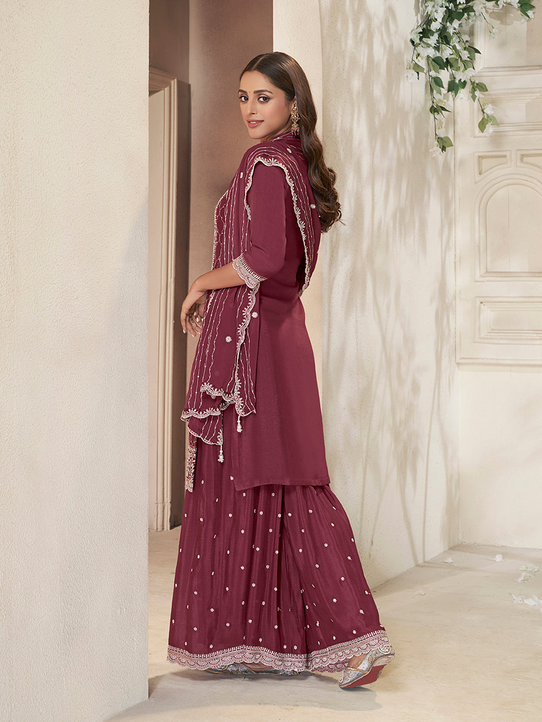 Designer embroidered maroon kurta sharara set for women