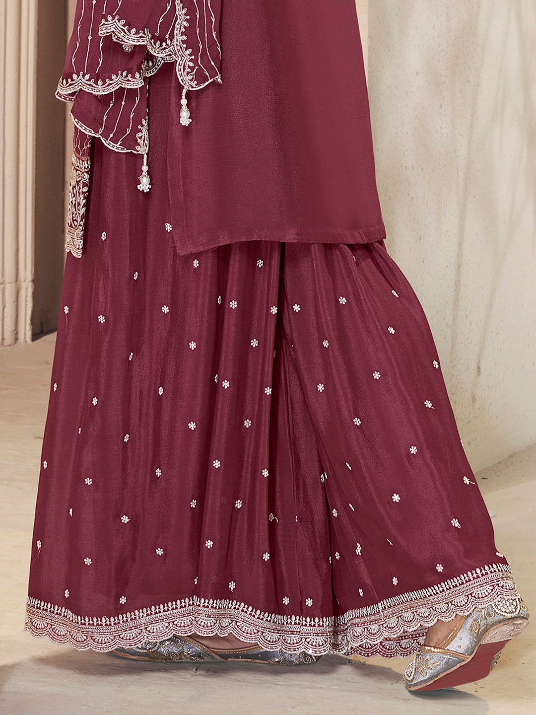 Maroon Embroidered Chinon Sharara Suit
