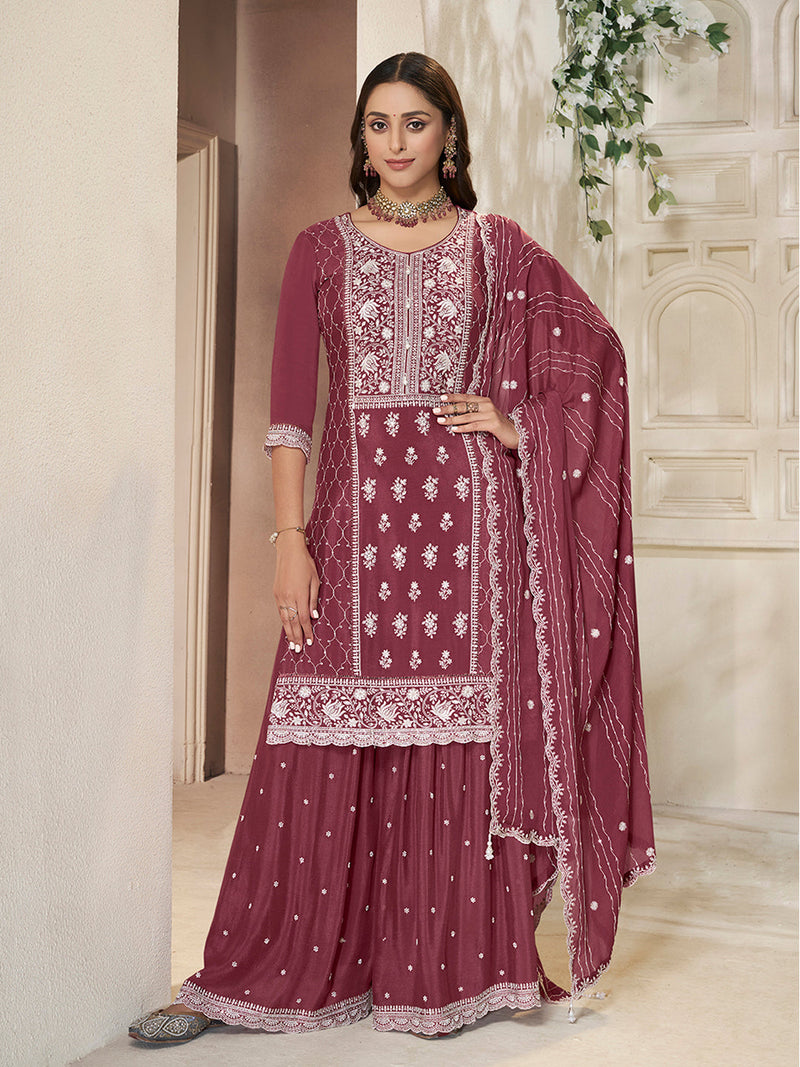Maroon Chinon sharara suit with white sequin embroidery