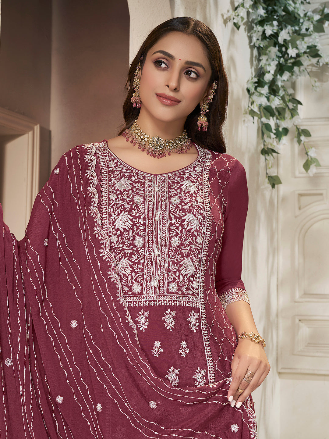 Maroon Chinon sharara suit with white sequin embroidery