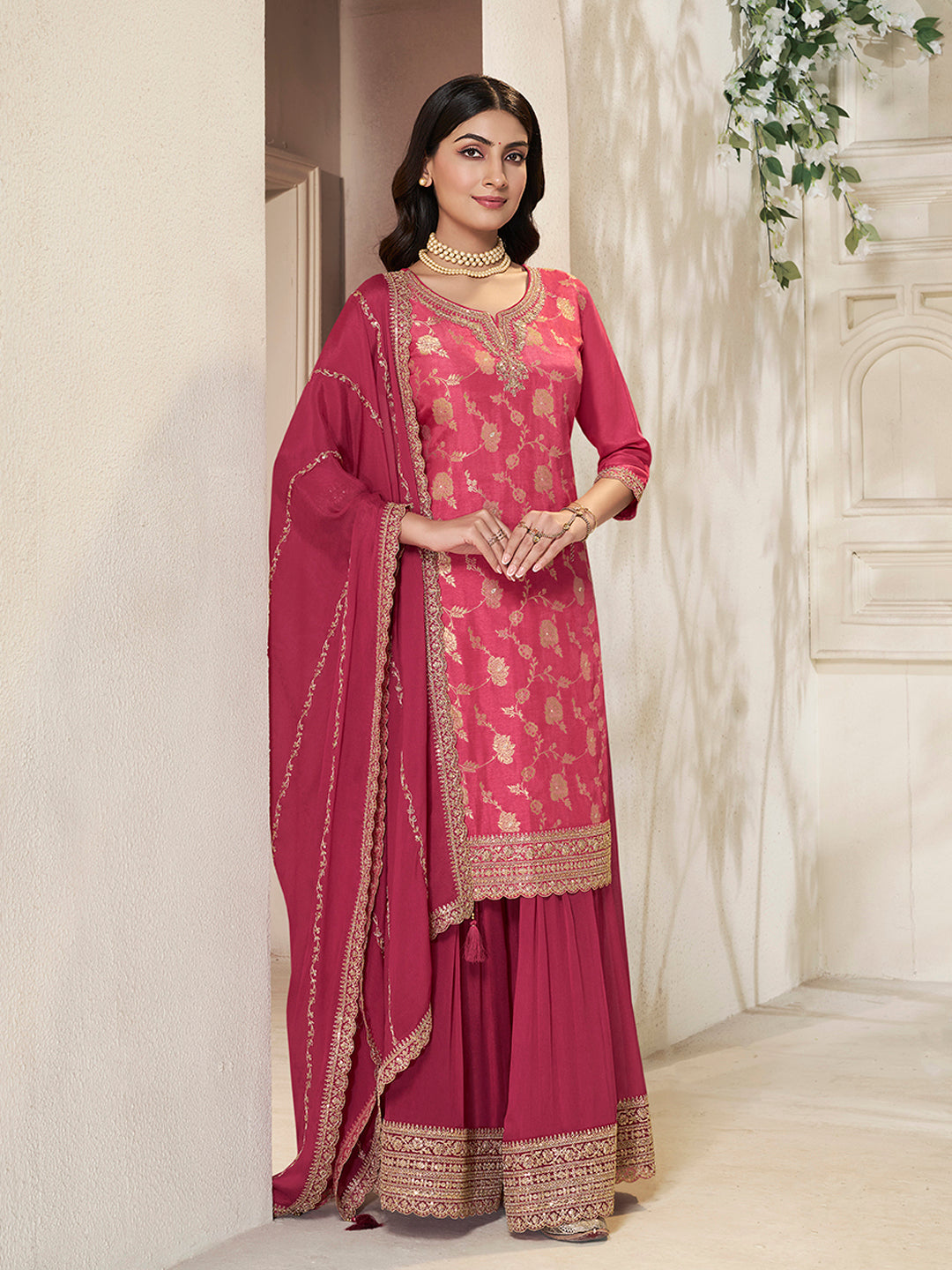 Pink Dola Silk Sharara Suit with Heavy Sequin Work and Dupatta