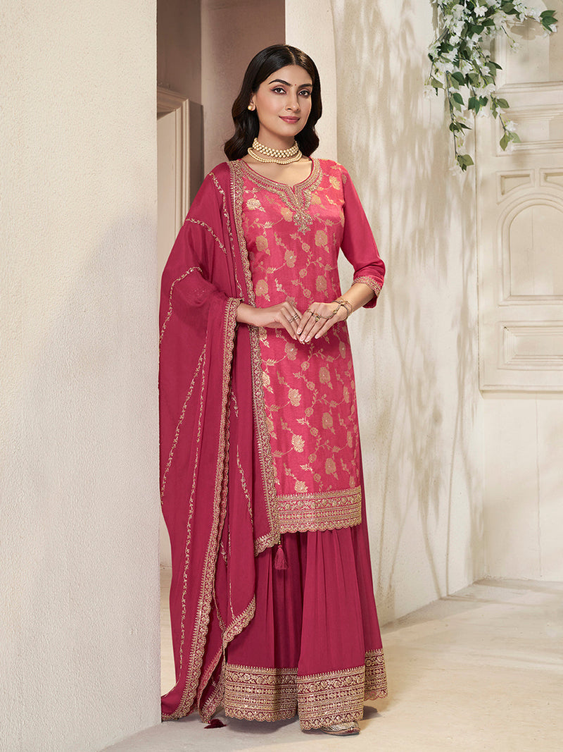 Pink Dola Silk Sharara Suit with Heavy Sequin Work and Dupatta