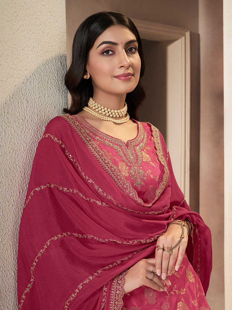 Traditional Pink Sharara Set with Embroidered Kurta and Chinon Bottom