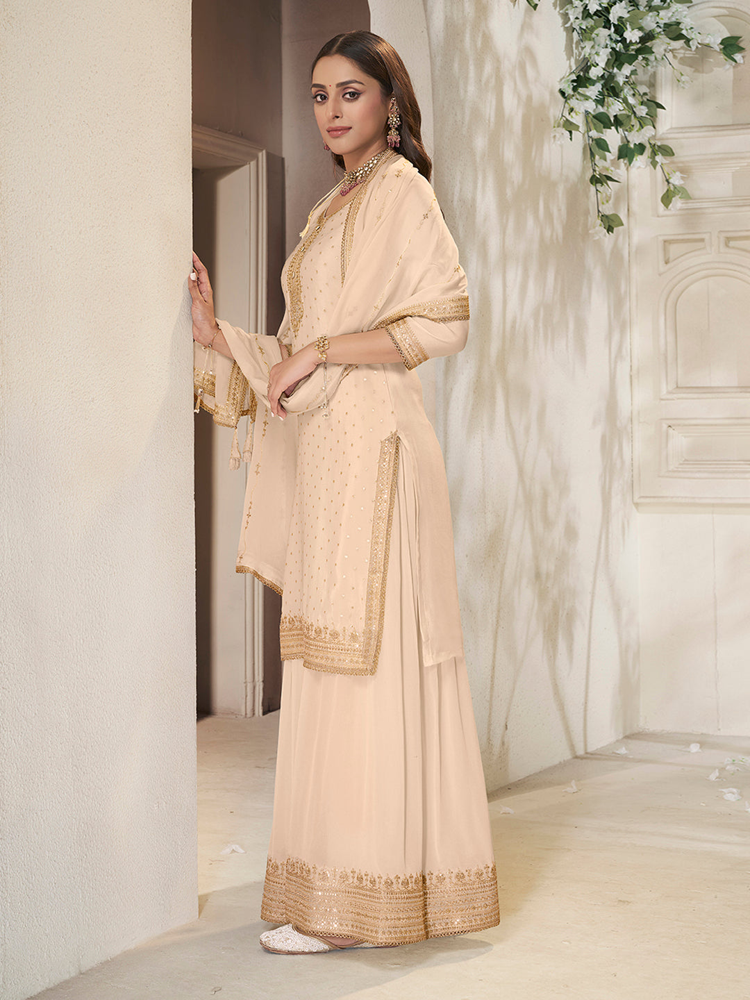 Elegant beige sharara set with embroidered dupatta