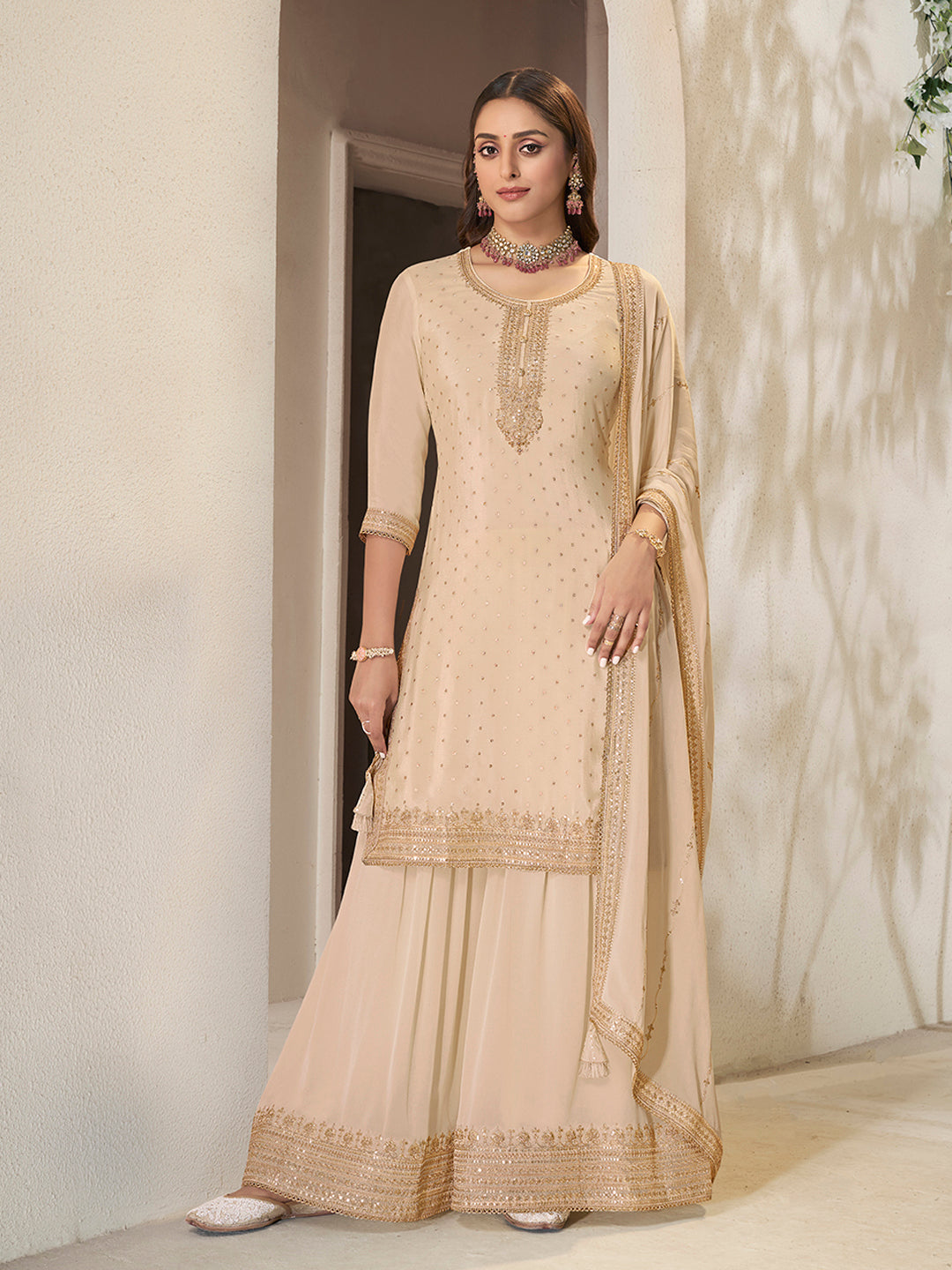 Designer sharara suit for wedding in beige color