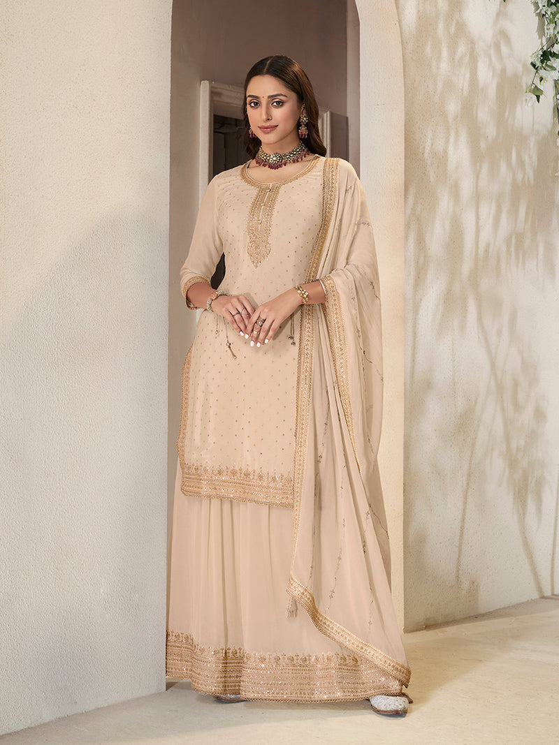 Beige Chinon sharara suit with heavy embroidery