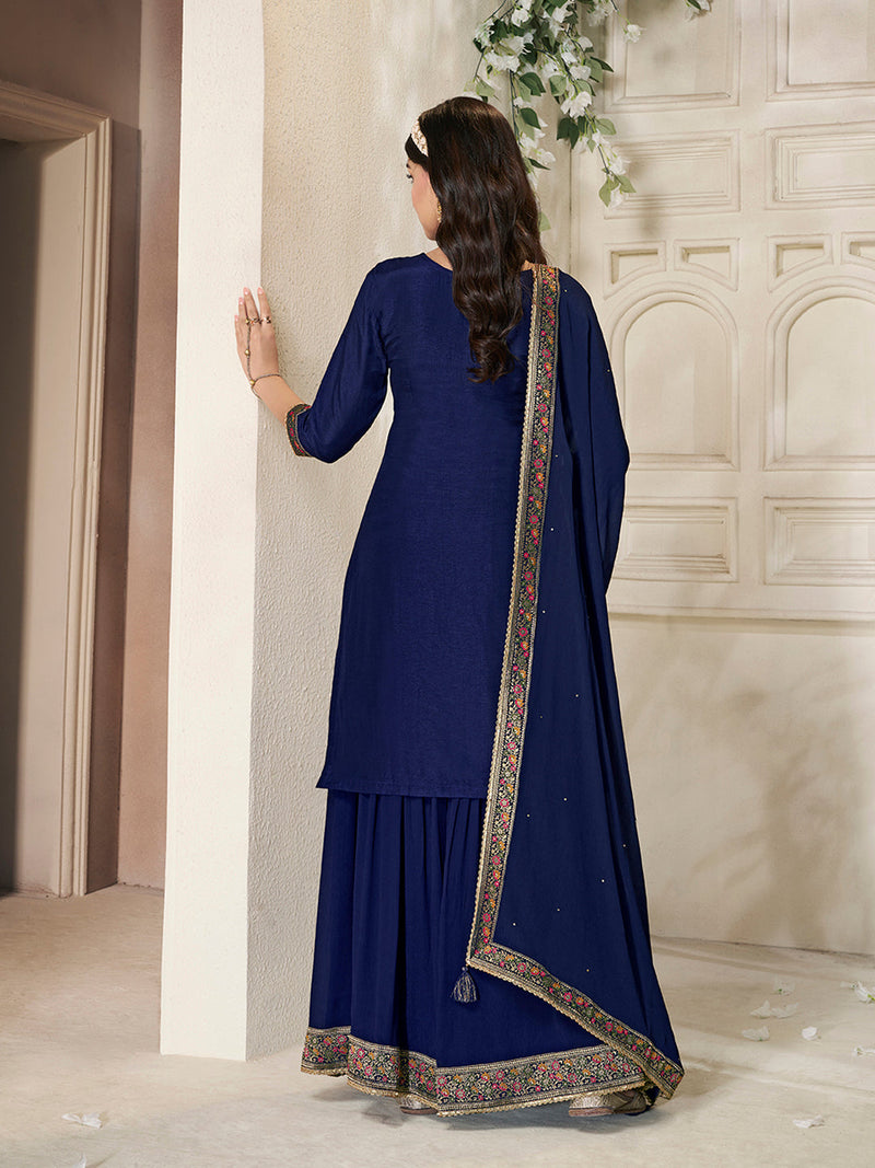 Wedding-ready ethnic sharara suit in navy blue Dola silk