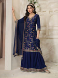 Navy blue floral jacquard sharara suit with V-neck kurta