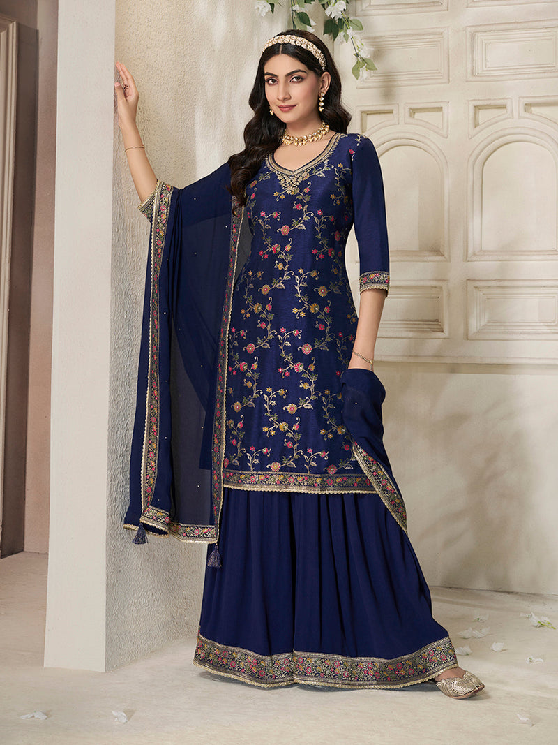 Navy blue floral jacquard sharara suit with V-neck kurta