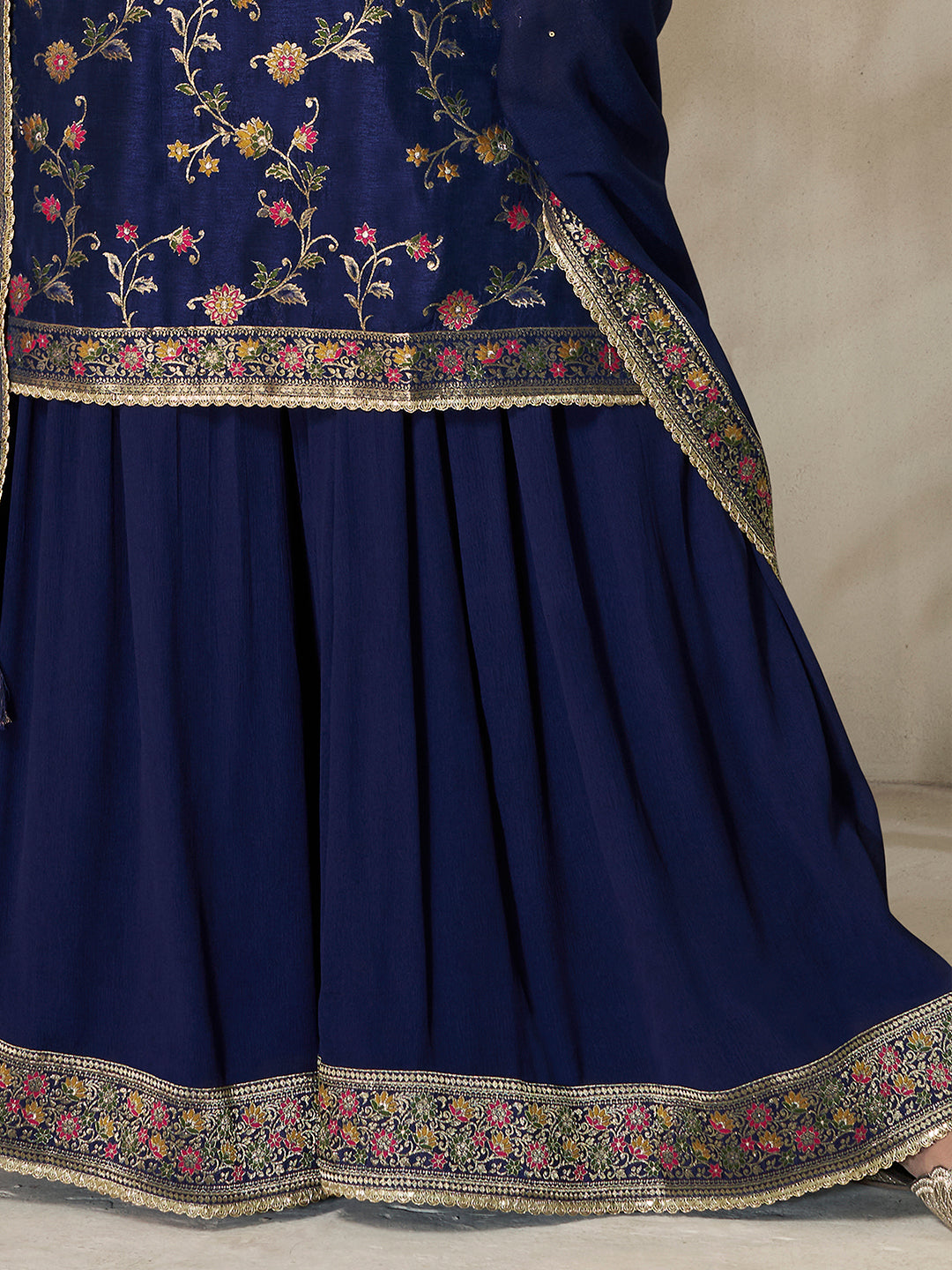 Navy Blue Floral Meena Jacquard Dola Silk Sharara Suit