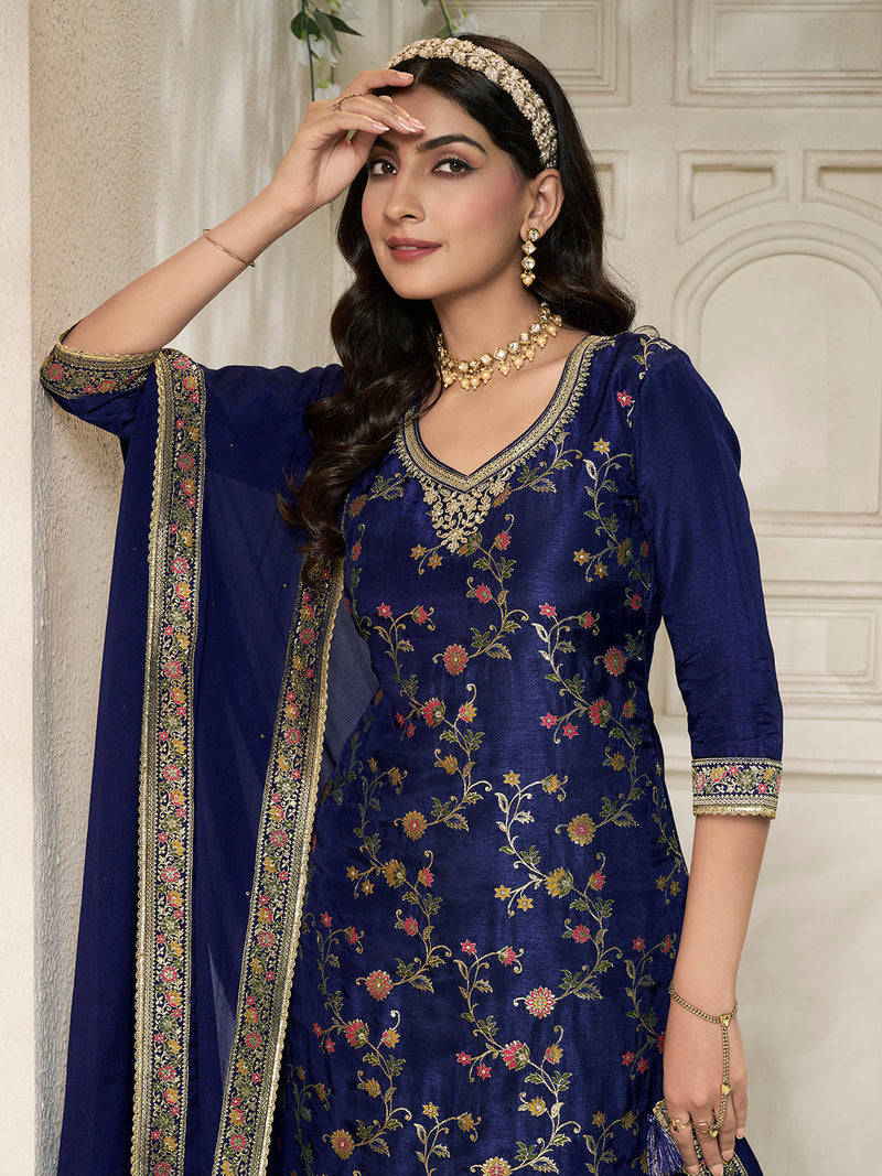 Dola silk sharara suit with Meena weave and lace border