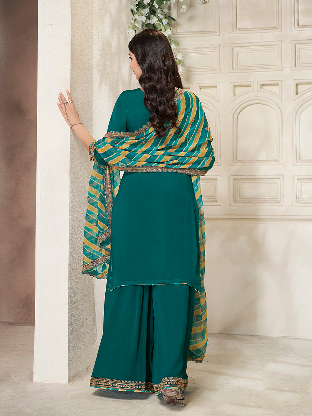 Traditional teal green sharara dress for wedding and festive wear