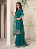 Ethnic teal sharara set with sequin handwork and tassels