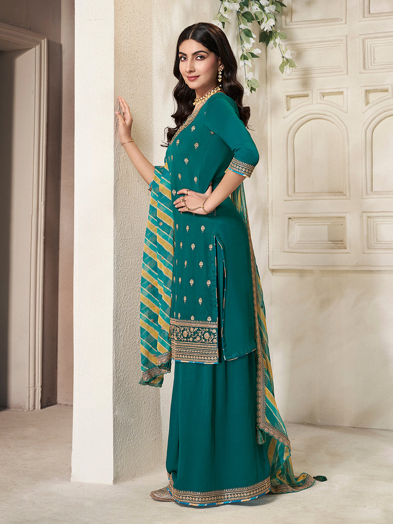 Ethnic teal sharara set with sequin handwork and tassels