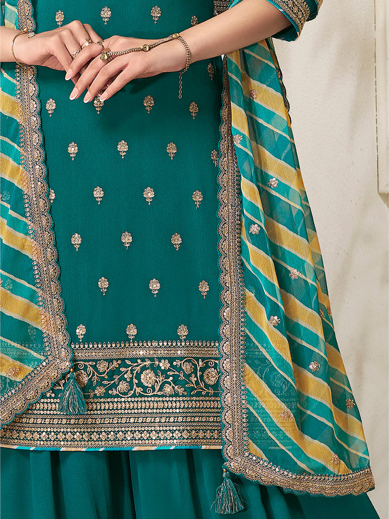 Stylish embroidered sharara outfit with scalloped dupatta