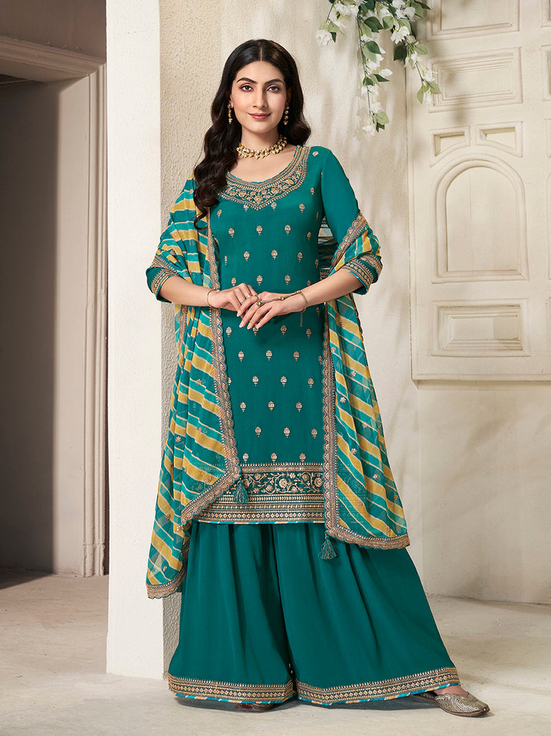 Teal green sharara dress with embroidered kurta and flared pants
