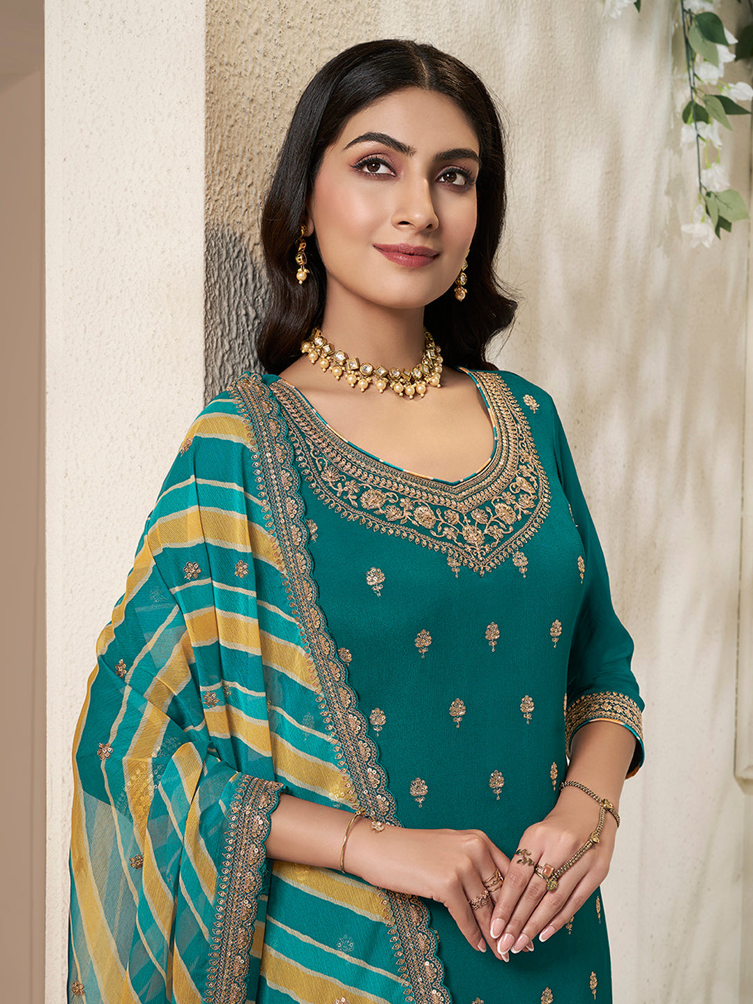 Party wear chinon sharara suit in teal with printed dupatta