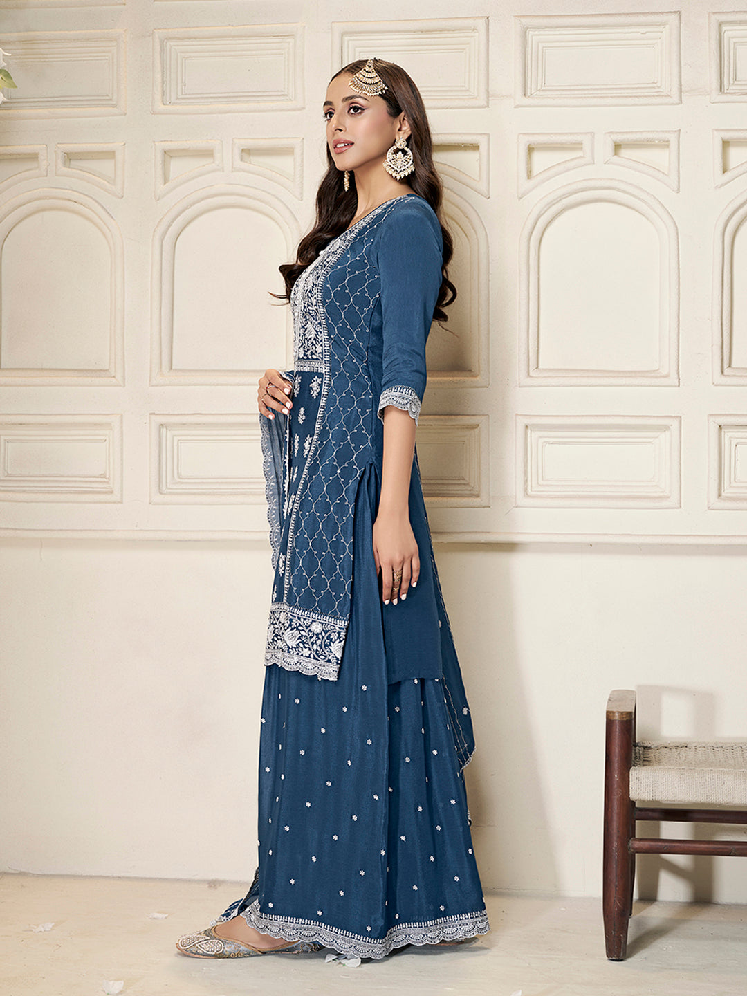 Blue Chinon ethnic suit with white thread embroidery for women