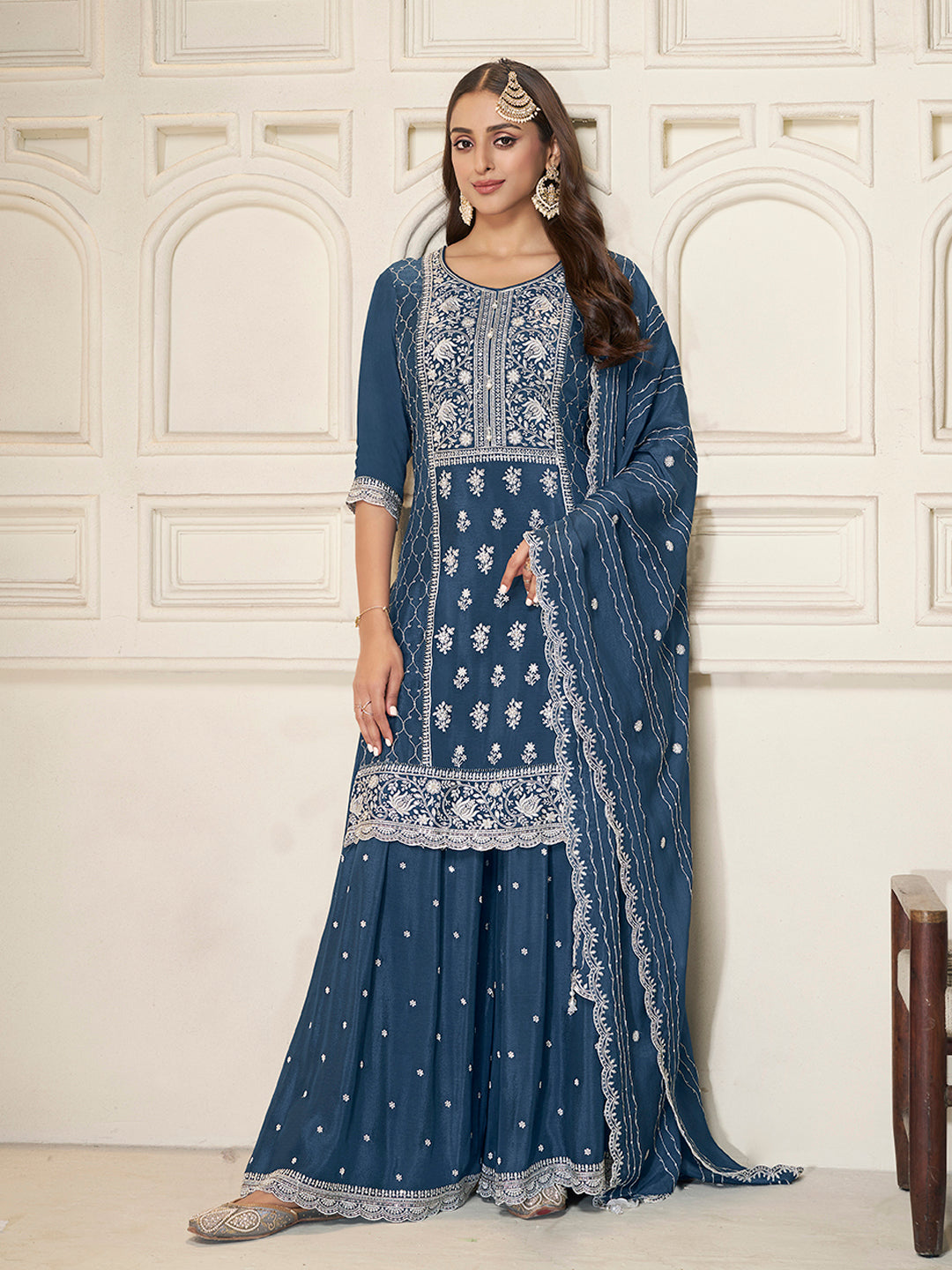 Partywear Indian sharara suit with dupatta in blue