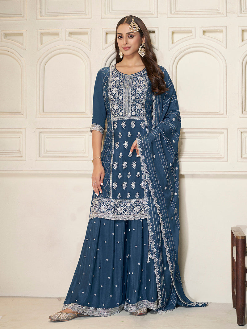 Partywear Indian sharara suit with dupatta in blue