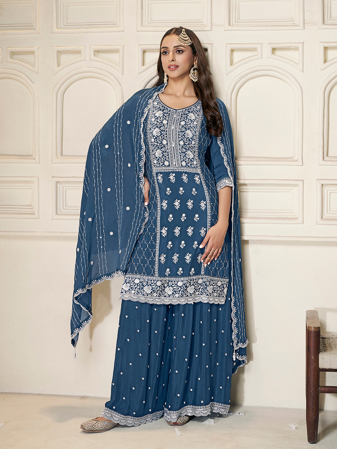 Blue embroidered Chinon sharara suit with sequin work