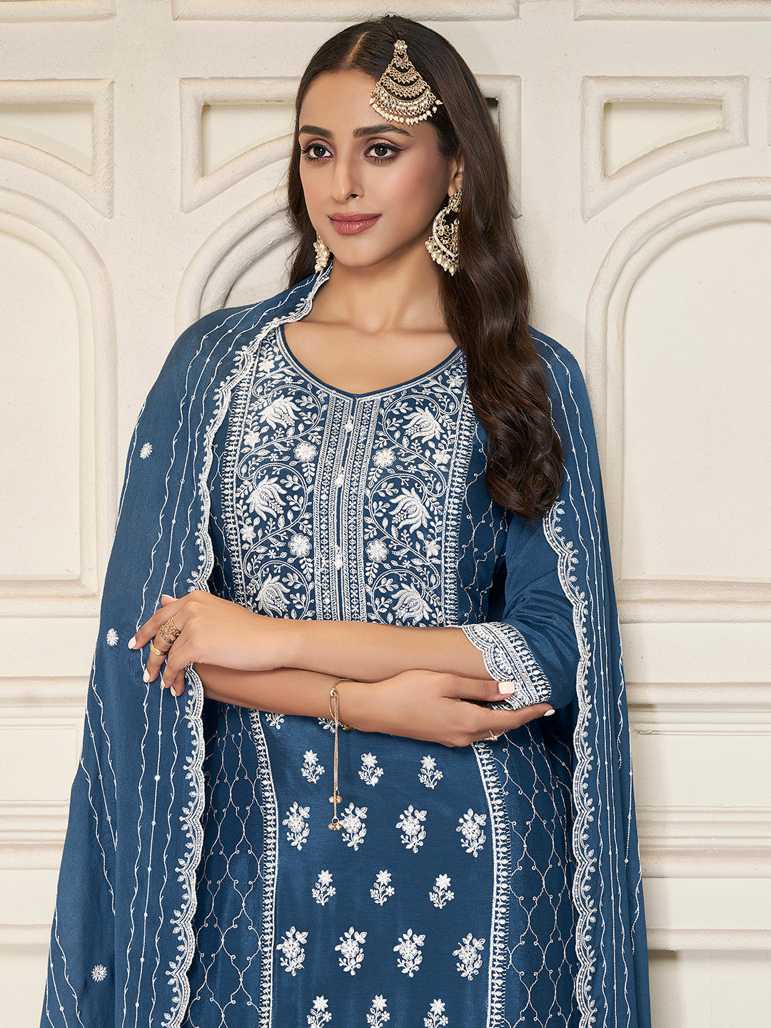 Blue embroidered Chinon sharara suit with sequin work