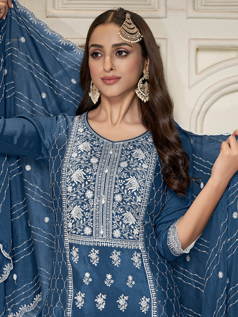 Sequin embroidered sharara suit with scalloped dupatta