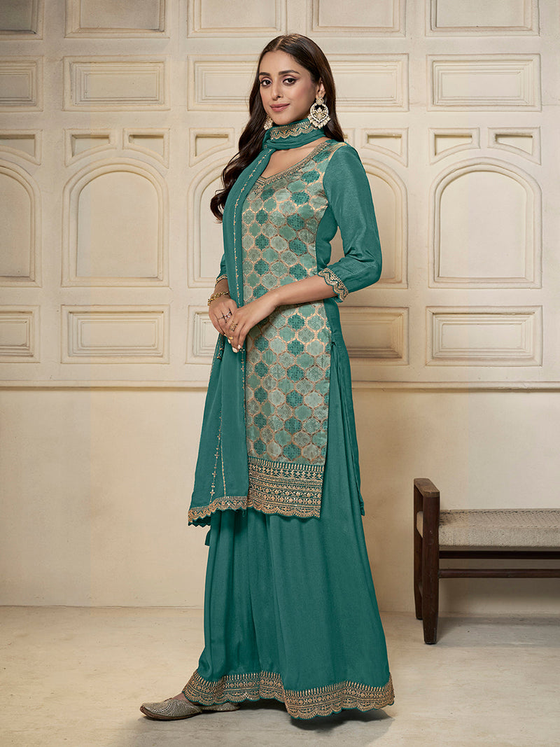 Elegant ethnic sea green sharara suit with scalloped dupatta