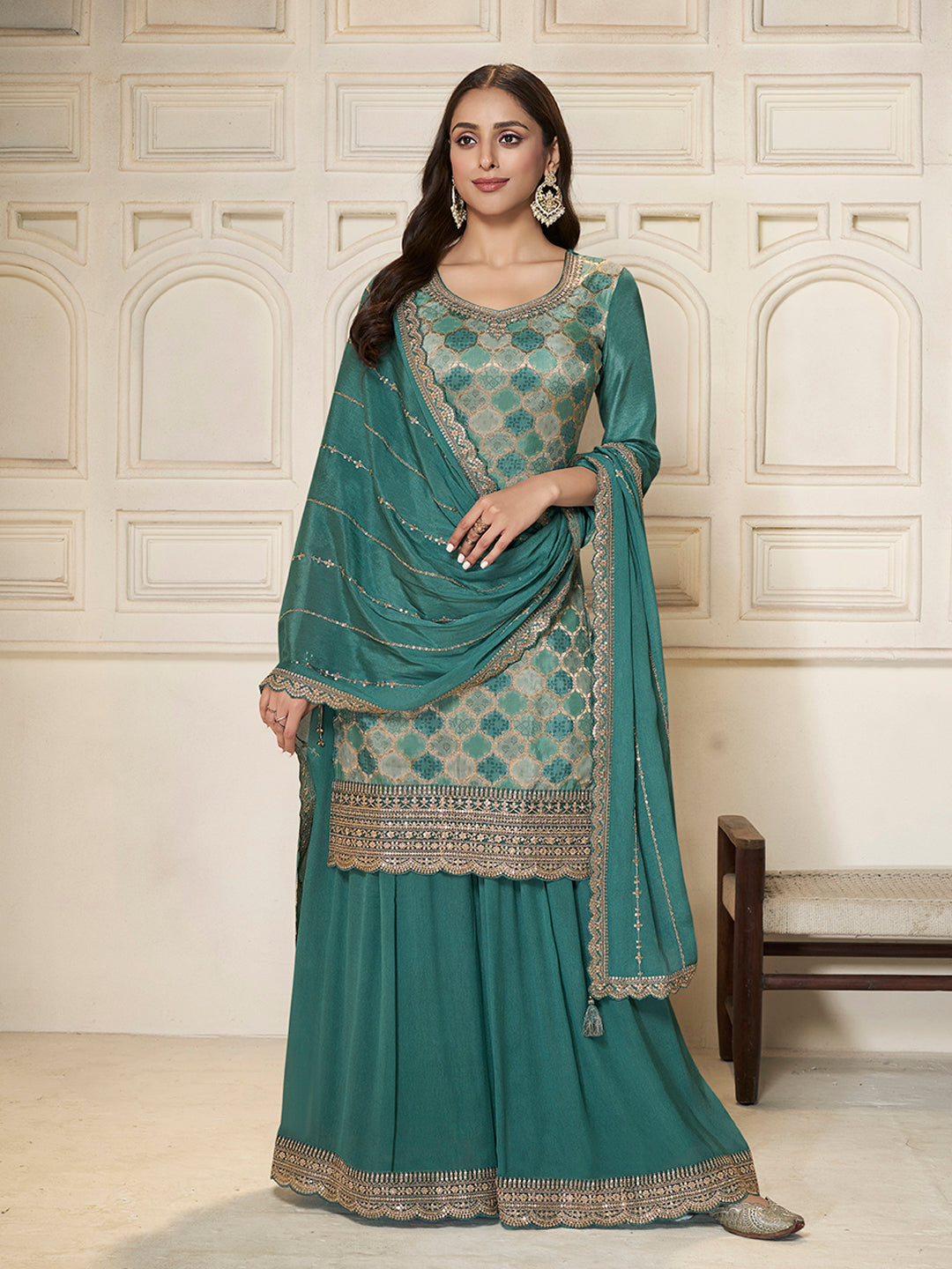 Sea green embroidered sharara suit with sequin work