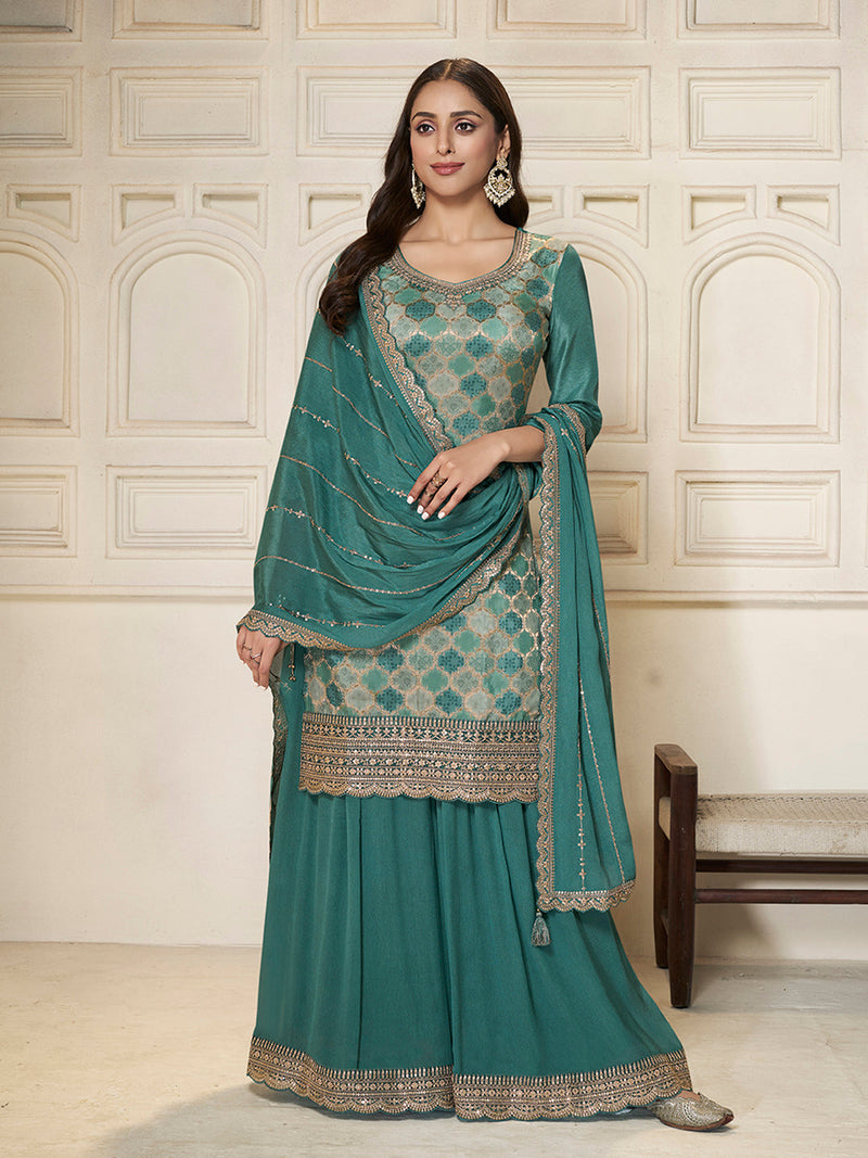 Sea green embroidered sharara suit with sequin work
