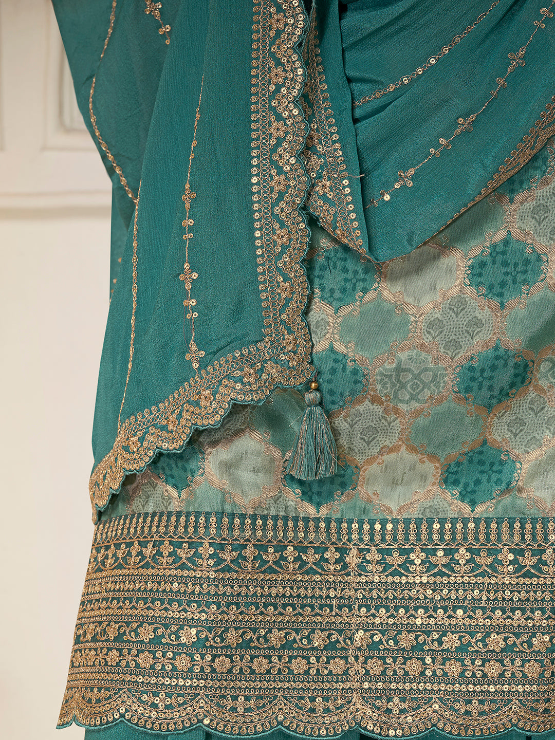 Sea green kurta sharara set with heavy daman embroidery