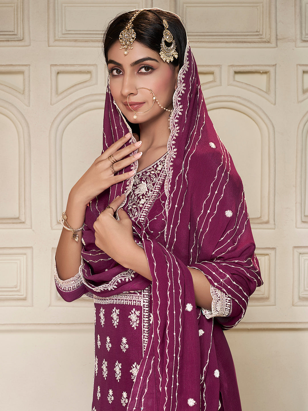 Magenta Chinon sharara suit with sequin embroidery