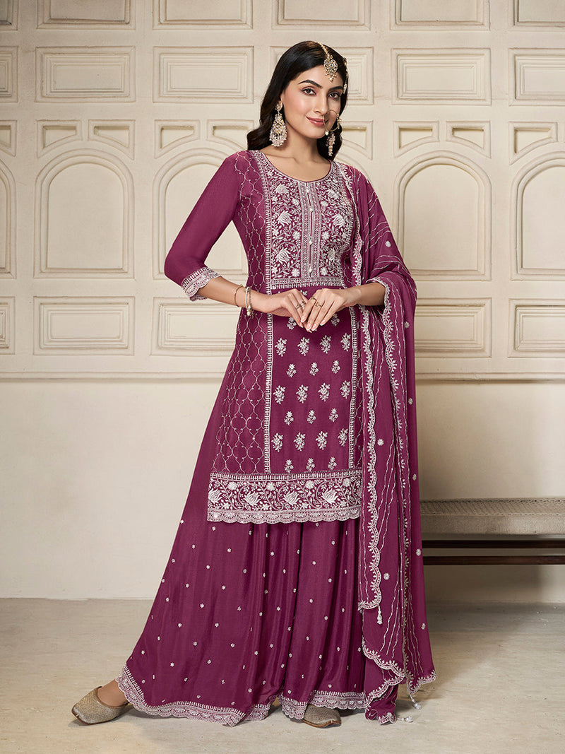 Magenta Chinon sharara suit with sequin embroidery