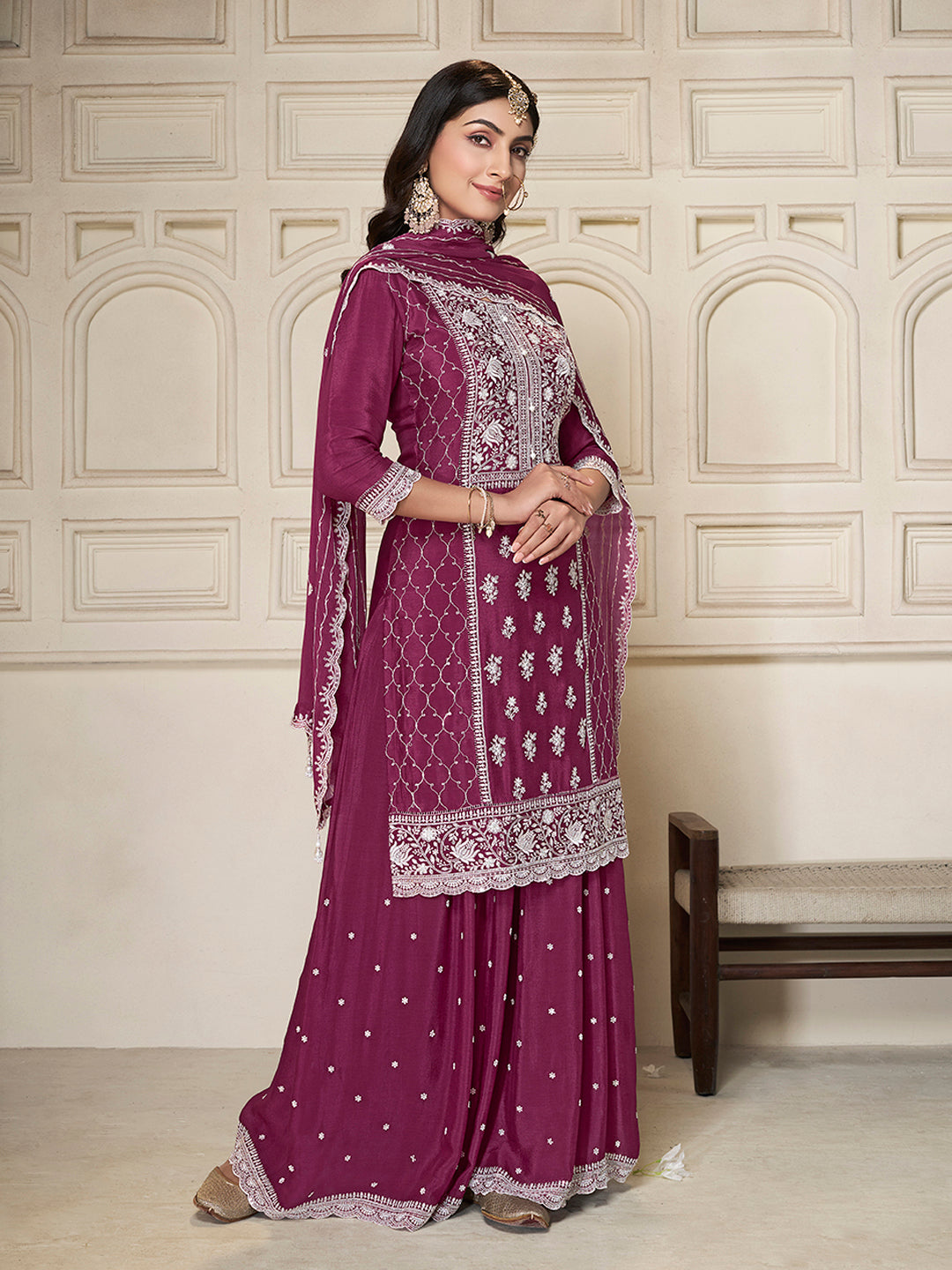 Embroidered partywear sharara suit with dupatta