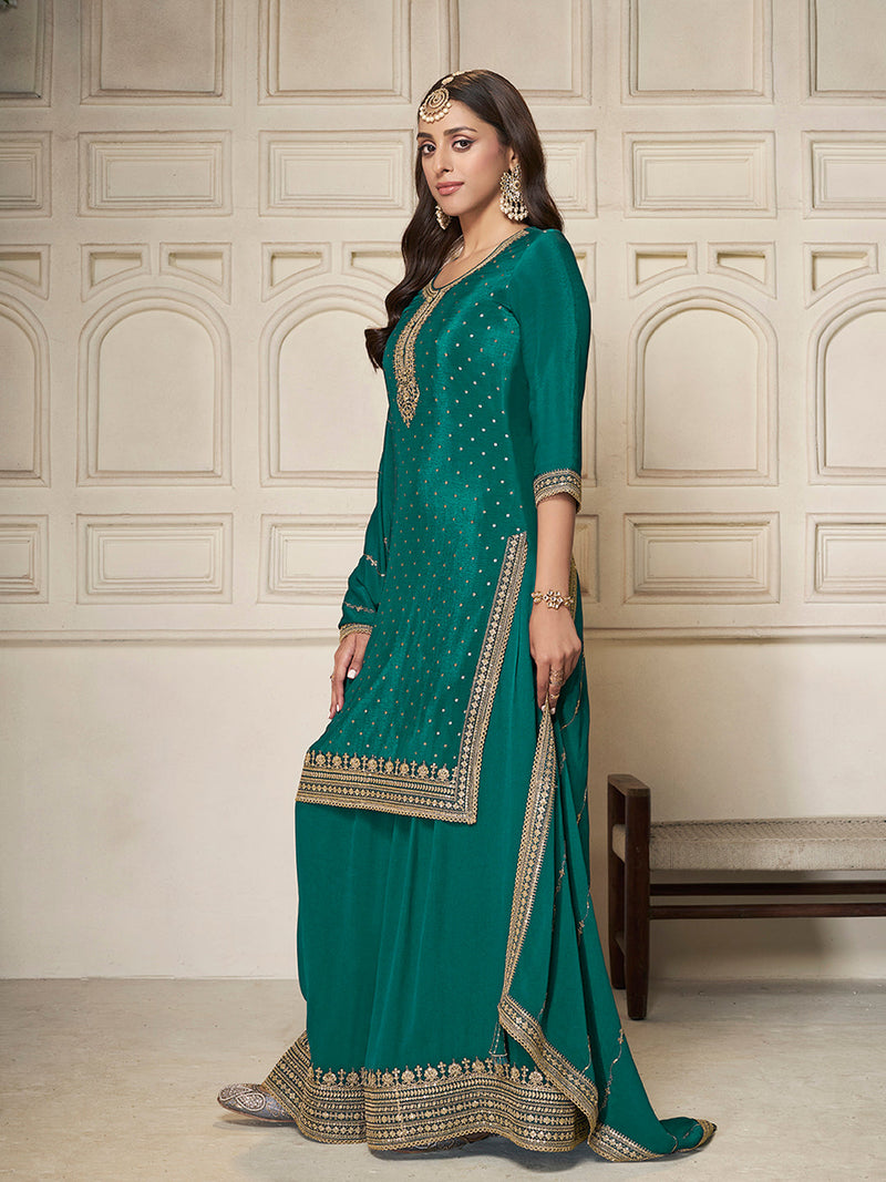 Elegant wedding sharara suit in teal green color