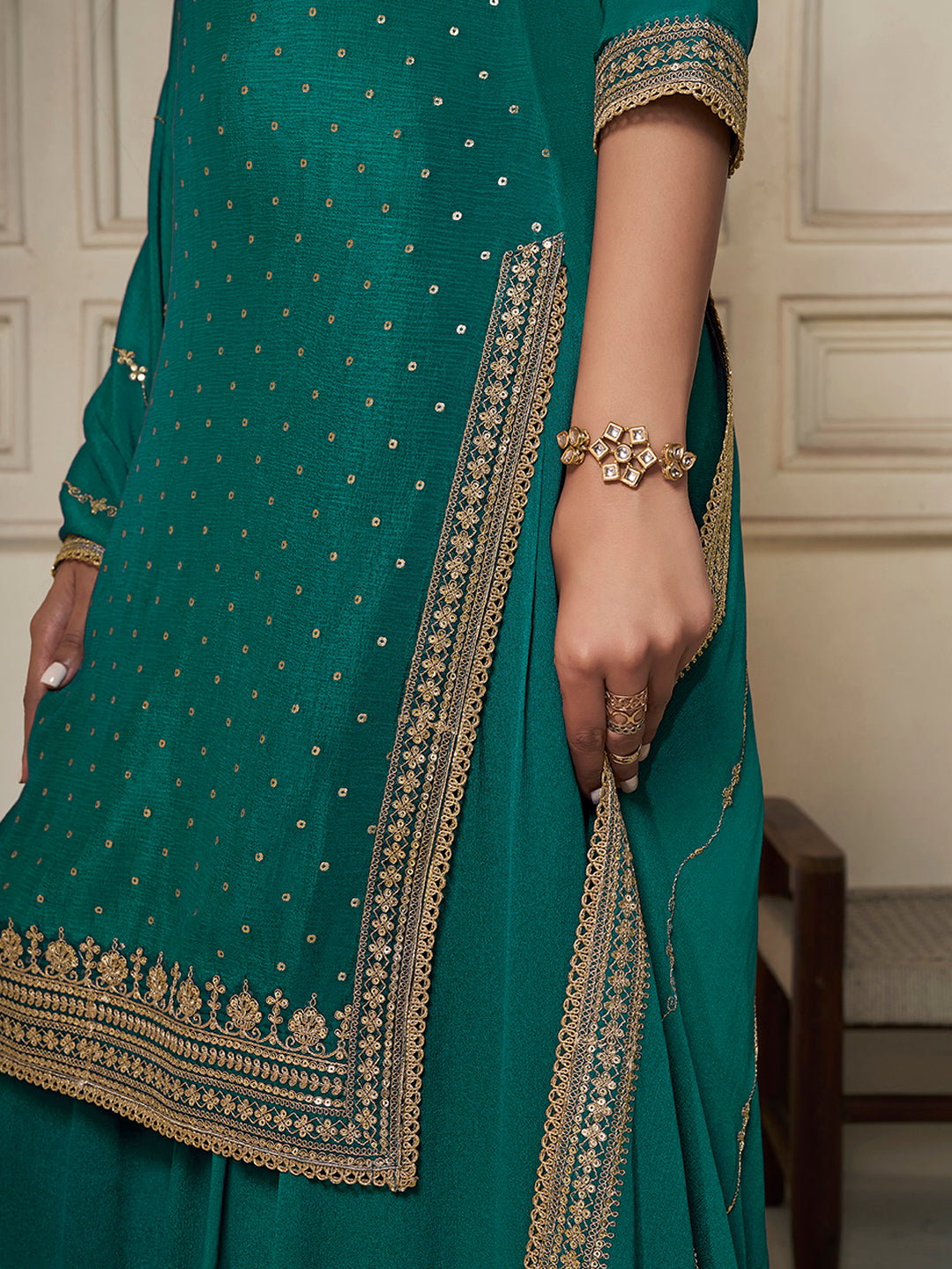 Teal Green Chinon Sharara Suit with Heavy Sequins Embroidery
