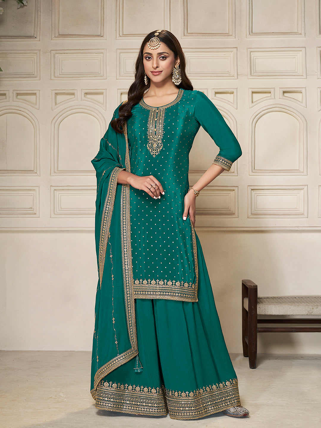 Chinon embroidered kurta set with sharara and dupatta