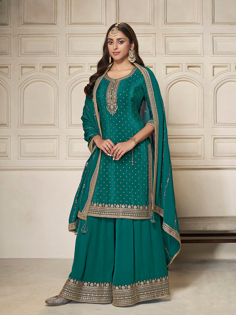 Teal green Chinon sharara suit with sequin embroidery