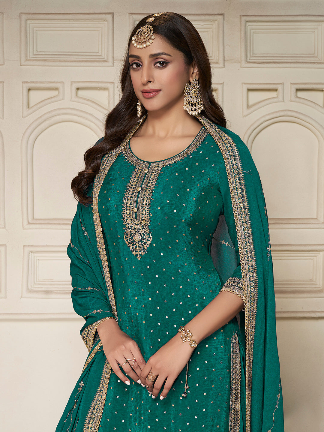 Teal green Chinon sharara suit with sequin embroidery