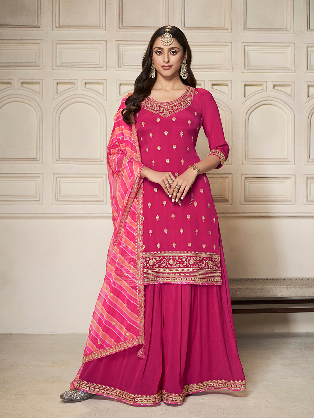 Rani pink sharara dress with embroidered kurta and dupatta for women