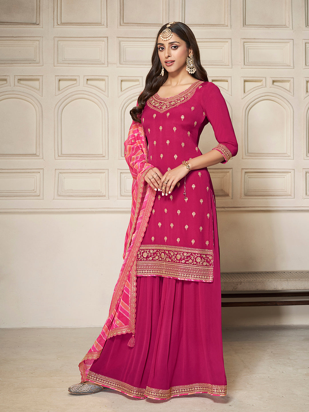 Stylish rani pink party wear sharara set with flared pants