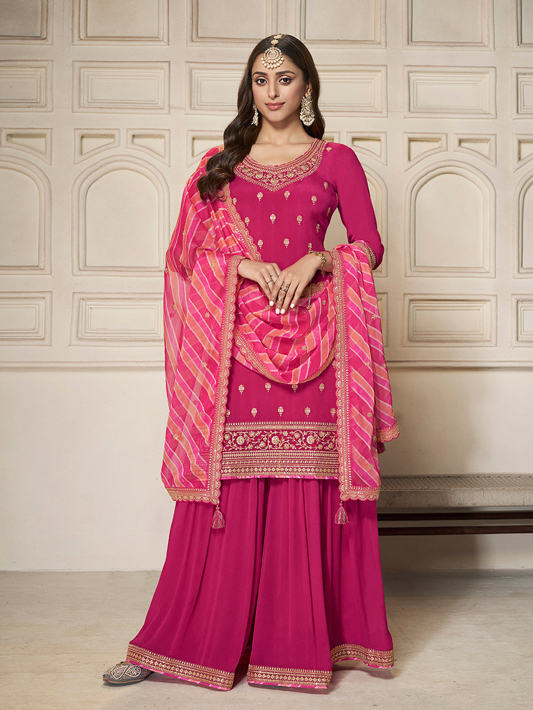 Traditional sharara outfit with digital printed dupatta and tassels