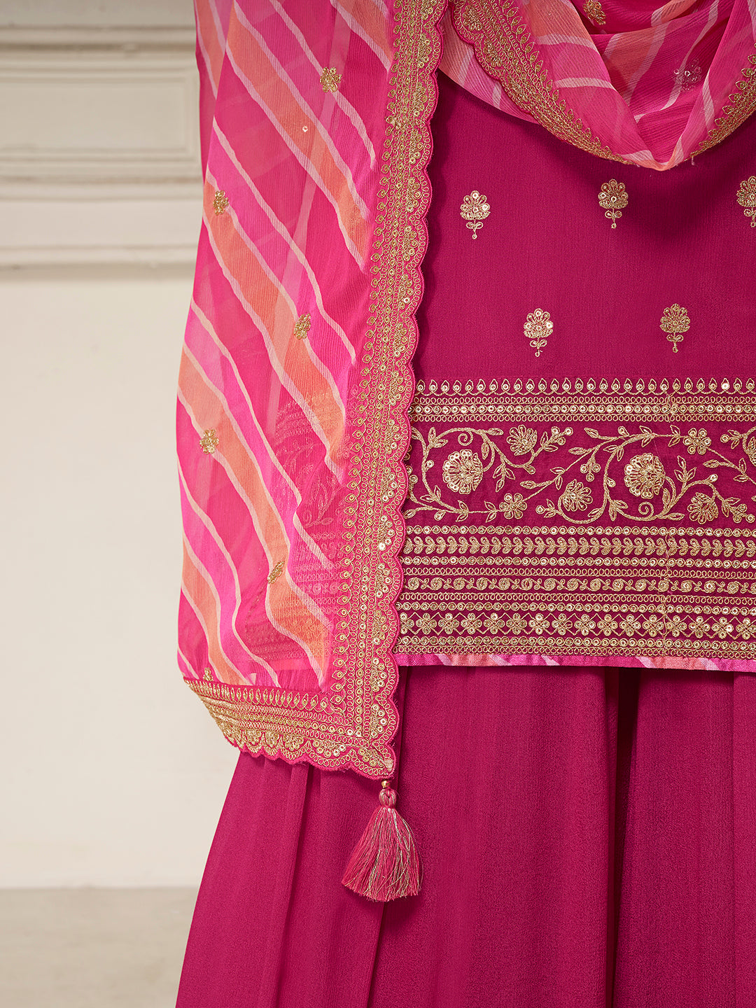 Rani Pink Embroidered Chinon Sharara Dress with Printed Dupatta