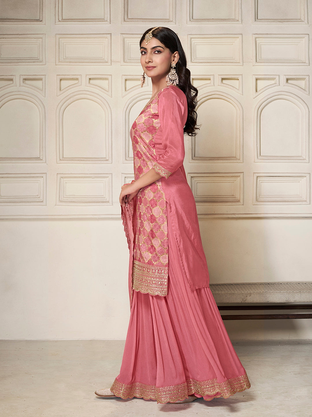 Dola silk ethnic outfit with scalloped Chinon dupatta