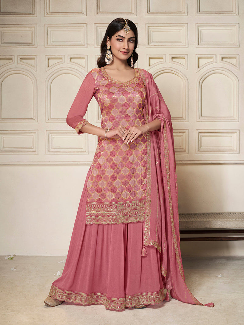 Dusty rose pink sharara suit with embroidered Dola silk kurta