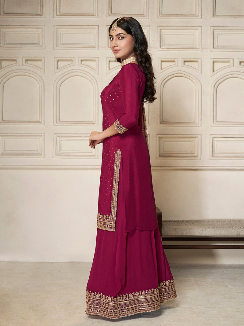 Wine color sharara suit with jacquard weave and scalloped hem