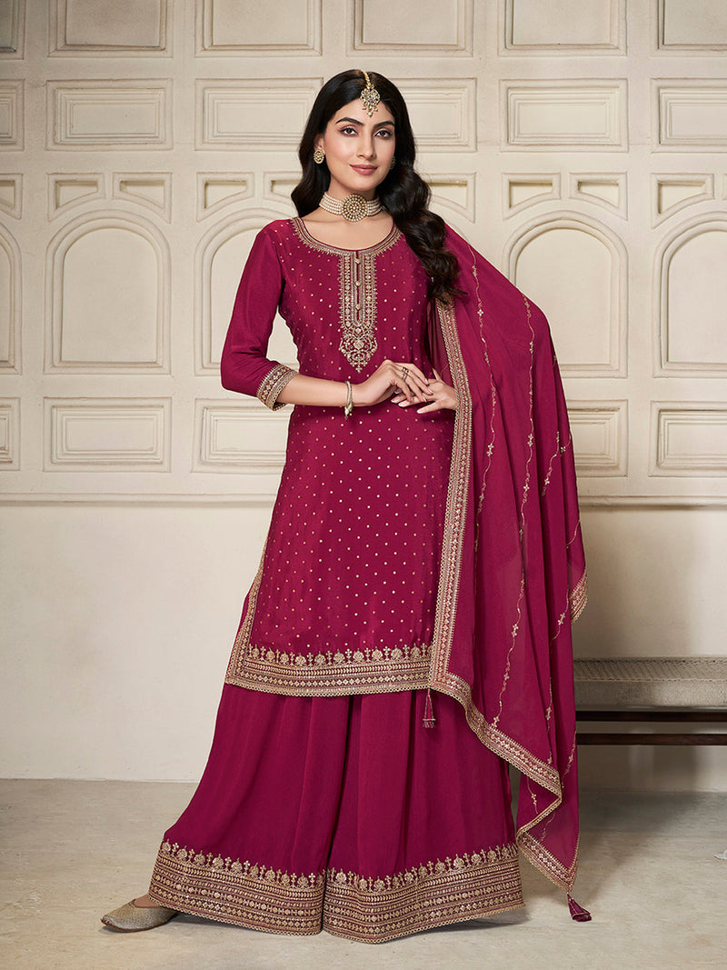 Deep wine Chinon sharara suit with sequins embroidery